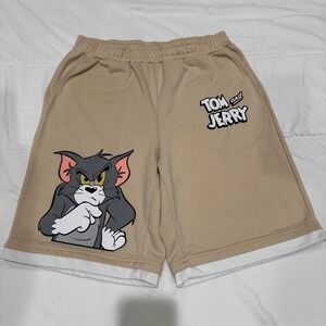 SHEIN X Tom and Jerry Men Tan Graphic Sweat Shorts Relaxed Fit Size M Cartoon